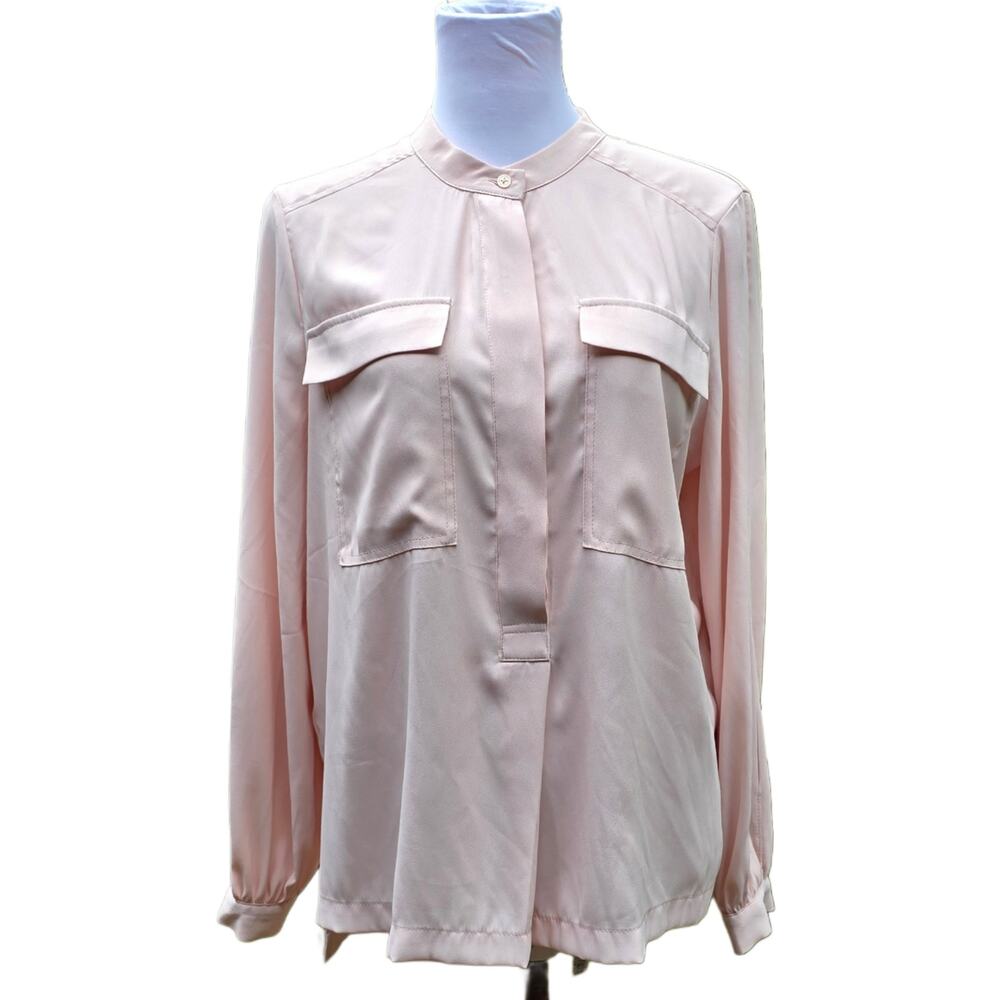 WHBM Soft Shirt Peach Pink Blush Long Sleeve Blouse Pockets Size Small